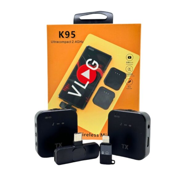 K95 3-in-1 Wireless Lavalier Dual Microphone System | Dual Mics + Receiver | Noise Reduction | Plug & Play