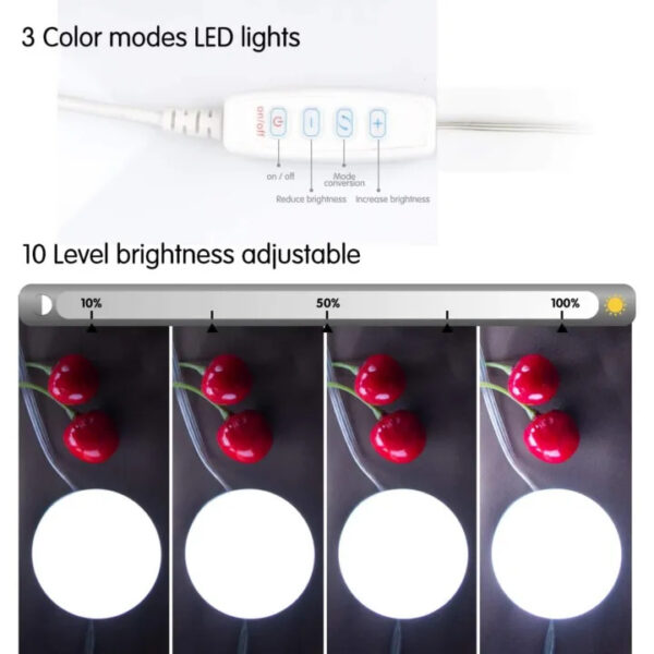 Vanity Mirror LED Light Strip (10 Bulbs) | 3 Color Modes Dimmable Makeup Fill Light | USB Powered  Wall Mount