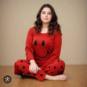 2 Pcs Womens Cotton Jersey Night Suit – Printed Red Sleepwear Set | Soft Stitched Pajama Set