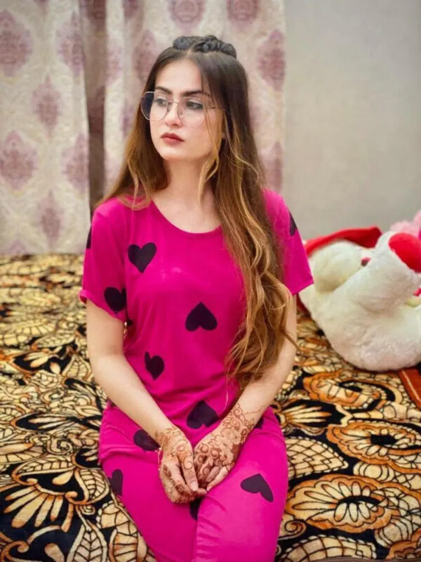 2 Pcs Women’s Printed Cotton Jersey Night Suit – Soft Sleepwear Set | Round Neck Pink Pajama Set for Women